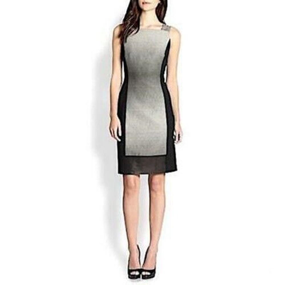 LAFAYETTE 148 Ombre Grey Black Leather Trim Color Block Black Dress Slee…